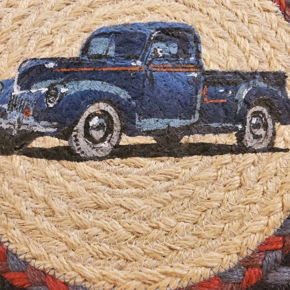 BLUE PICK UP TRUCK 100% Natural Braided Jute Swatch 10" Trivets Earth Place Mat - Picture 2 of 4